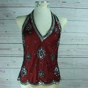 NWT Deep Red Black Mesh w/ Sequin Beaded V Halter Medium Adrianna Papell Evening